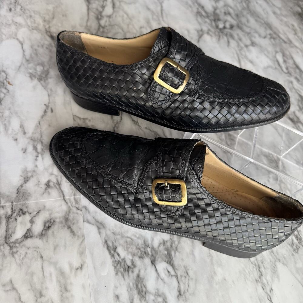 Magnanni Black Crocodile Leather Woven Monk Strap Dress Loafers Mens Size 9 M